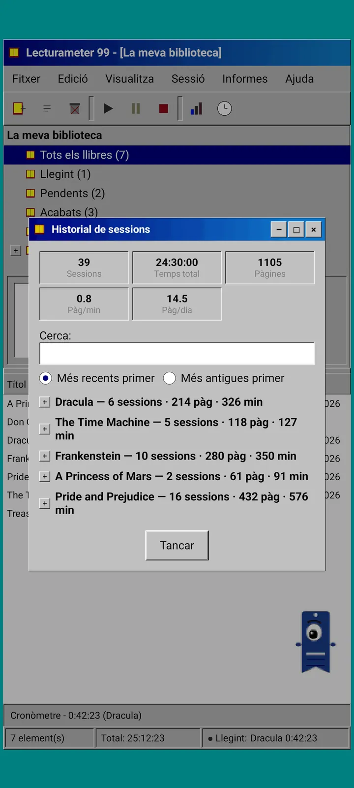 Lecturameter 1999: historial de sessions agrupat per llibre