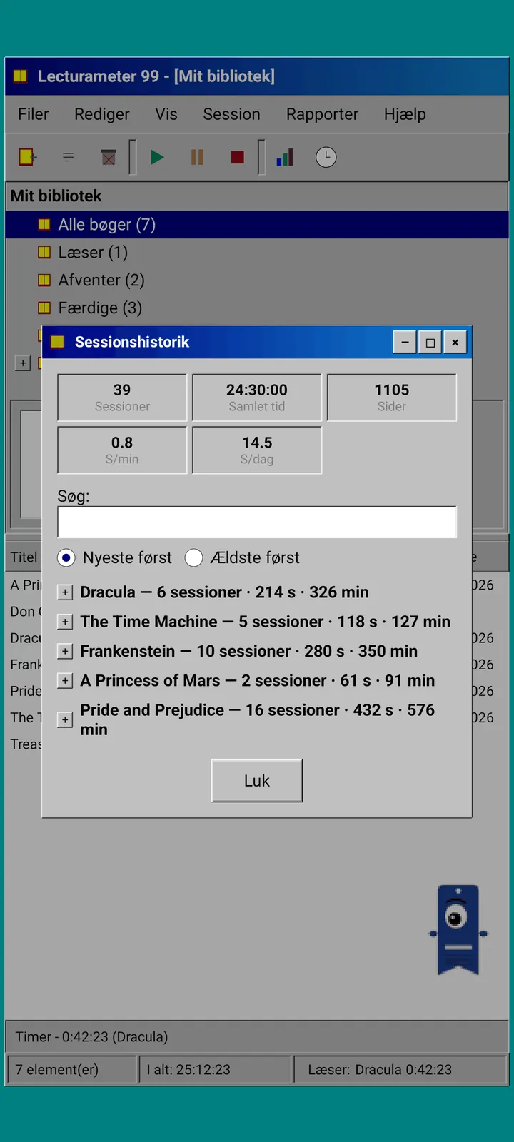 Lecturameter 1999: sessionshistorik grupperet efter bog