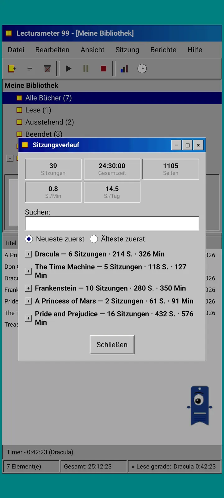 Lecturameter 1999: Sitzungsverlauf nach Buch gruppiert