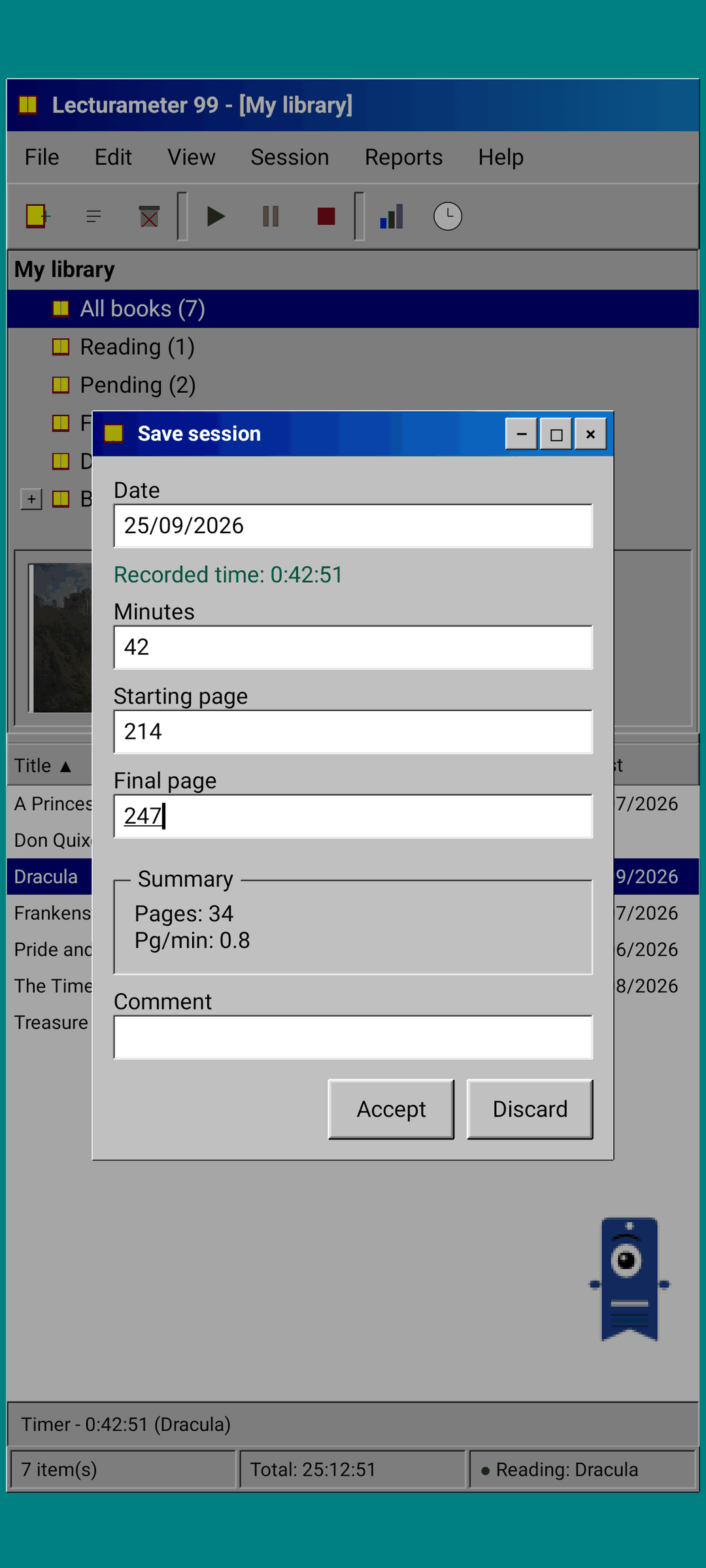 Lecturameter 1999: save session dialog with pages and pace