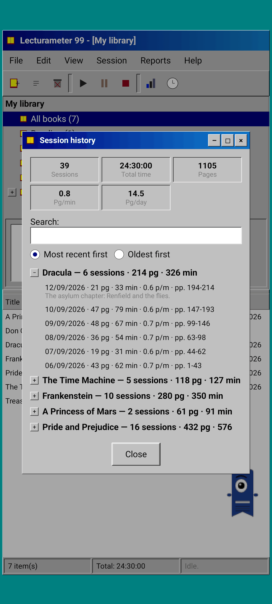 Lecturameter 1999: session history grouped by book