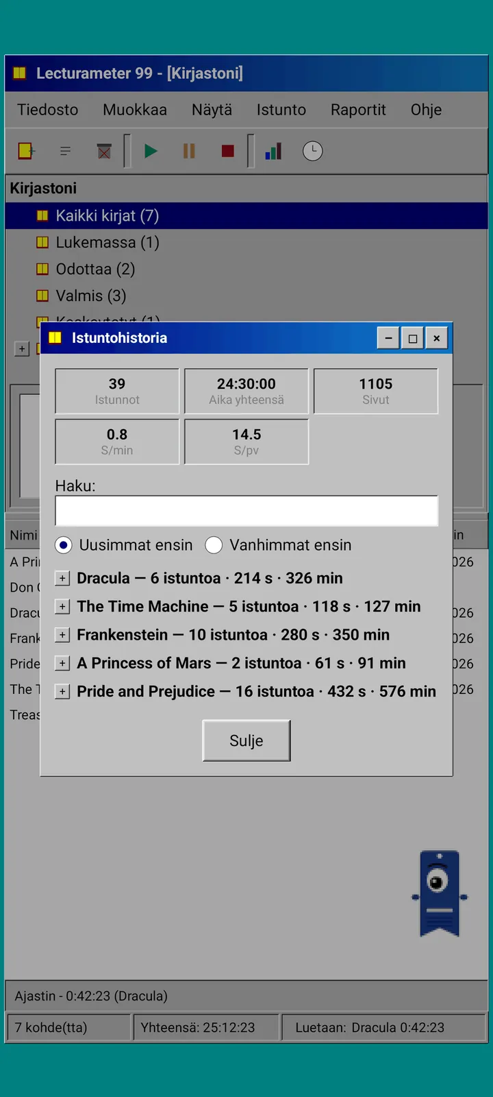 Lecturameter 1999: istuntohistoria kirjoittain ryhmiteltynä