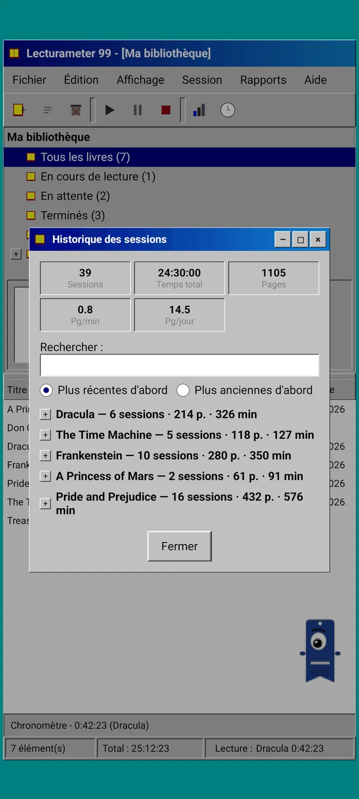 Lecturameter 1999 : historique des sessions regroupées par livre