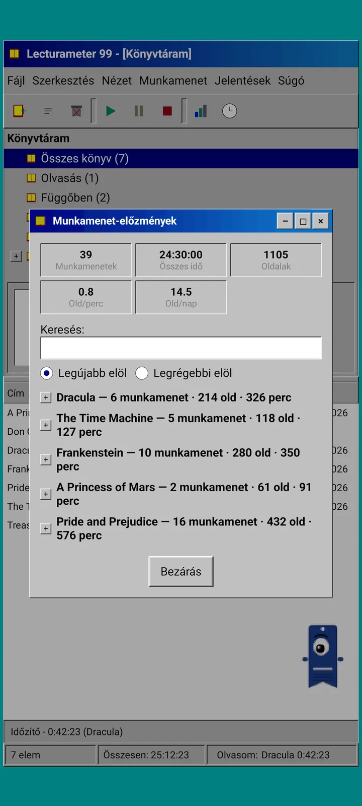 Lecturameter 1999: munkamenet-előzmények könyvek szerint csoportosítva