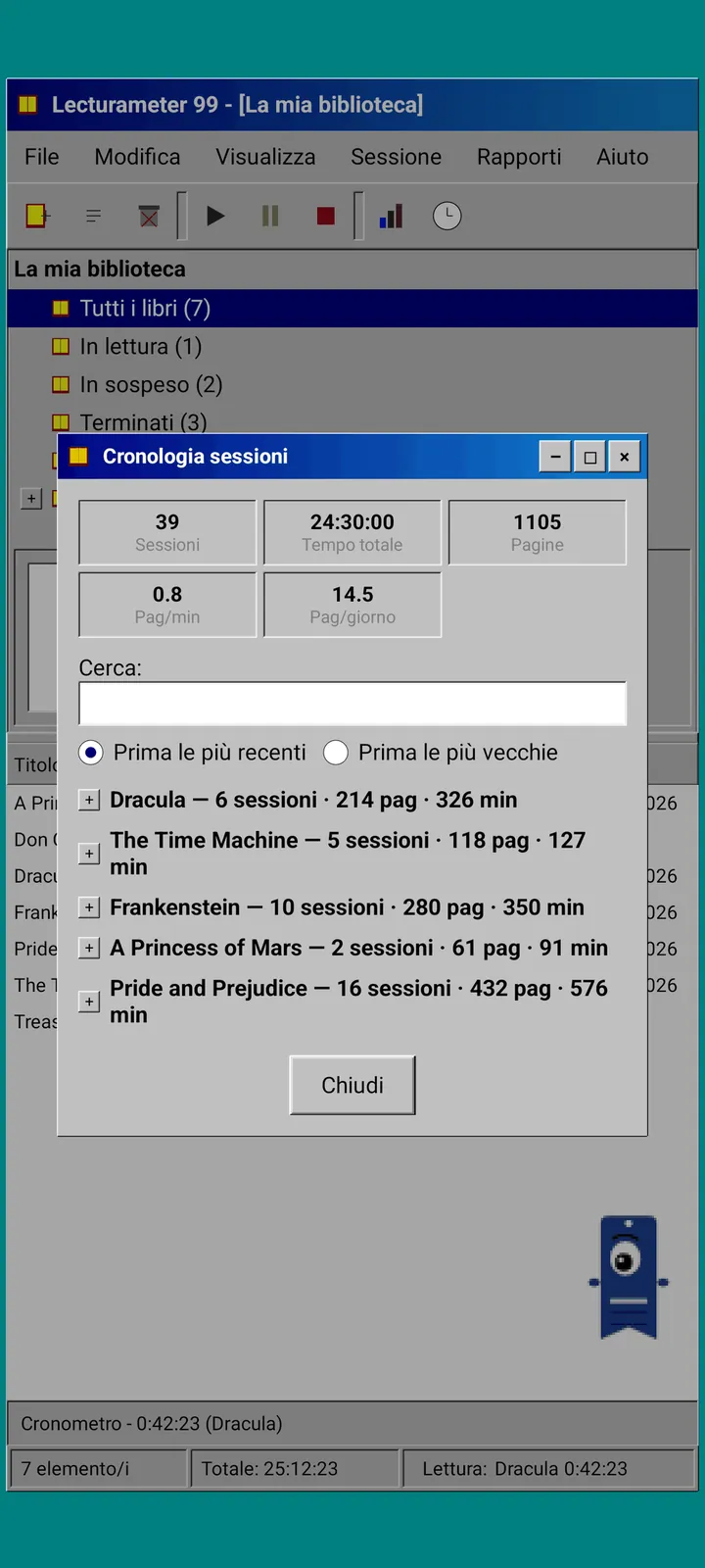 Lecturameter 1999: cronologia delle sessioni raggruppata per libro