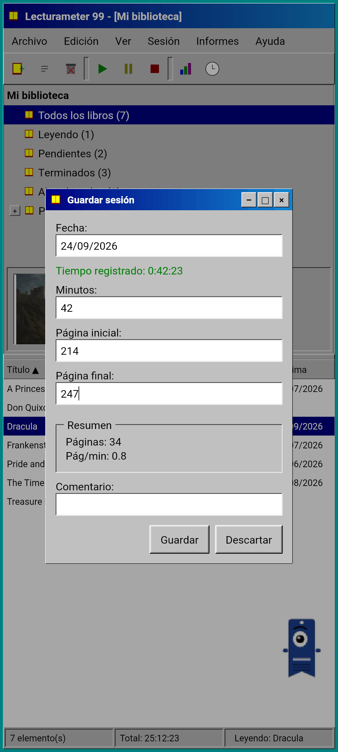 Save session dialog with pages and pace worked out
