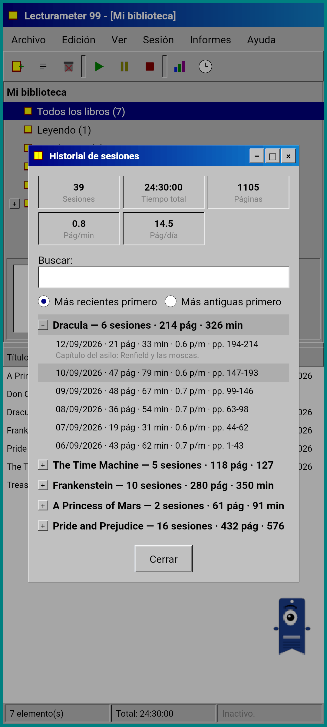 Session history grouped by book