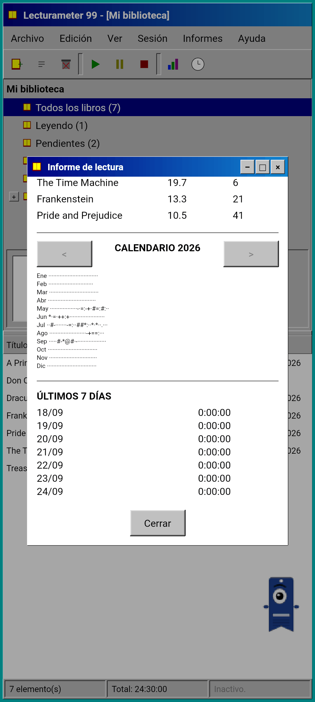 Reading report with the year calendar drawn in characters