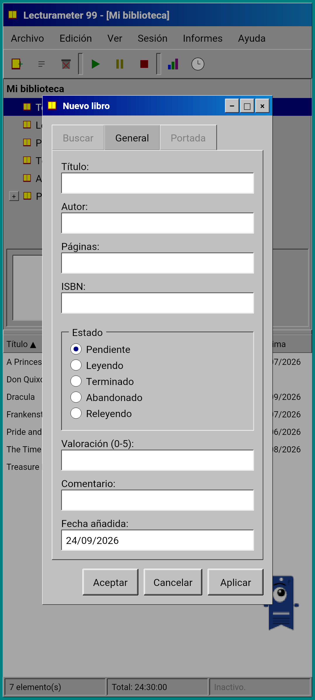 New book dialog with Search, General and Cover tabs