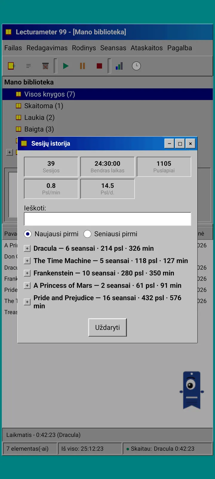 Lecturameter 1999: sesijų istorija, sugrupuota pagal knygas