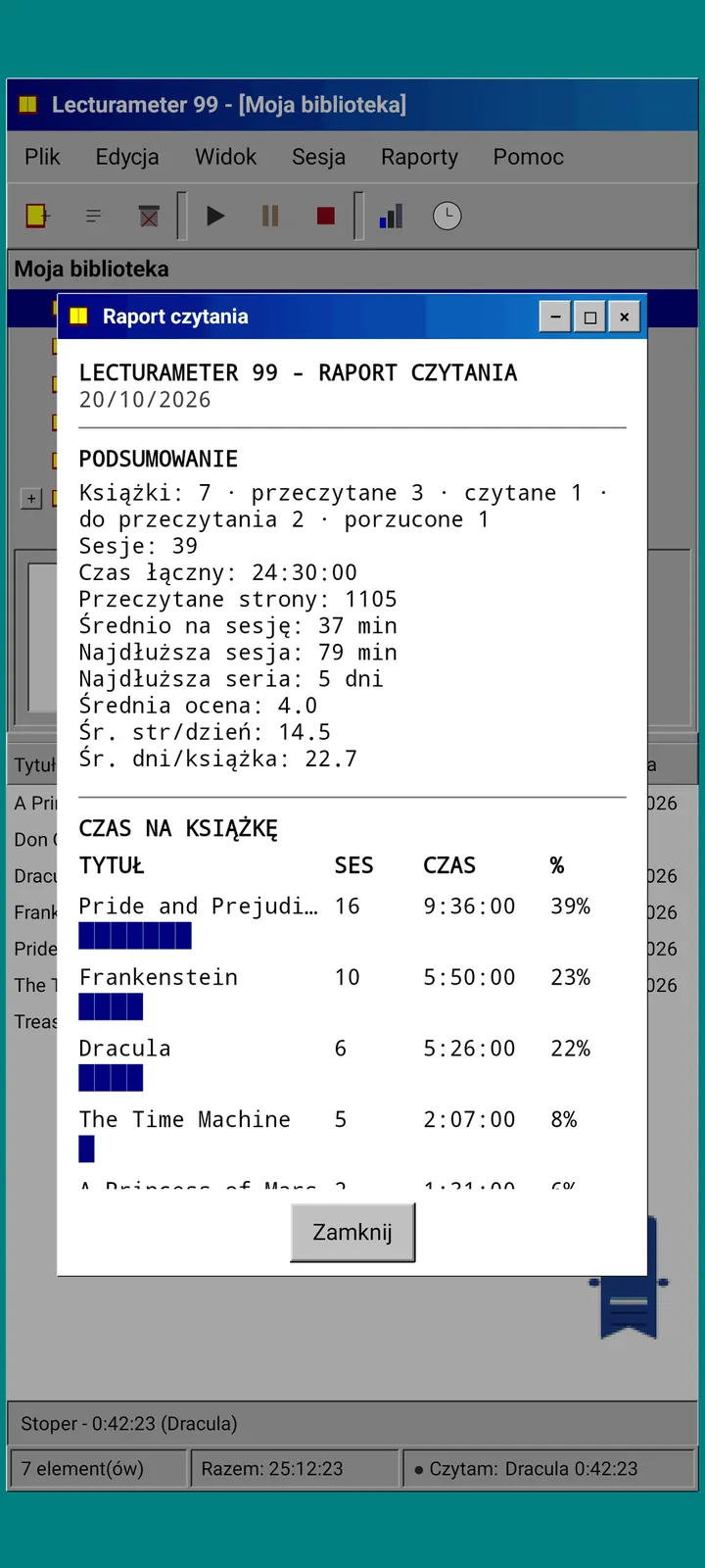 Lecturameter 1999: raport z czytania w tekście o stałej szerokości