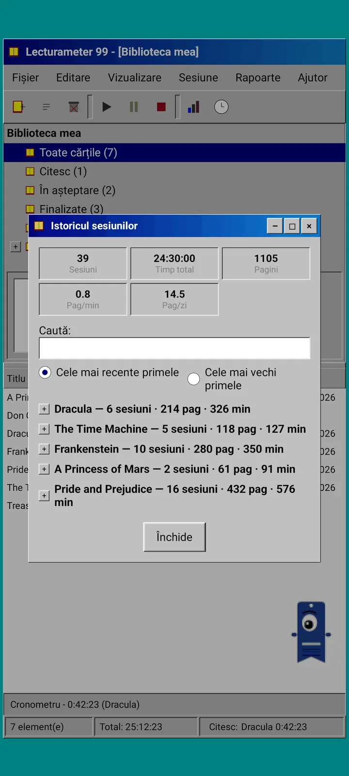 Lecturameter 1999: istoricul sesiunilor grupat pe cărți