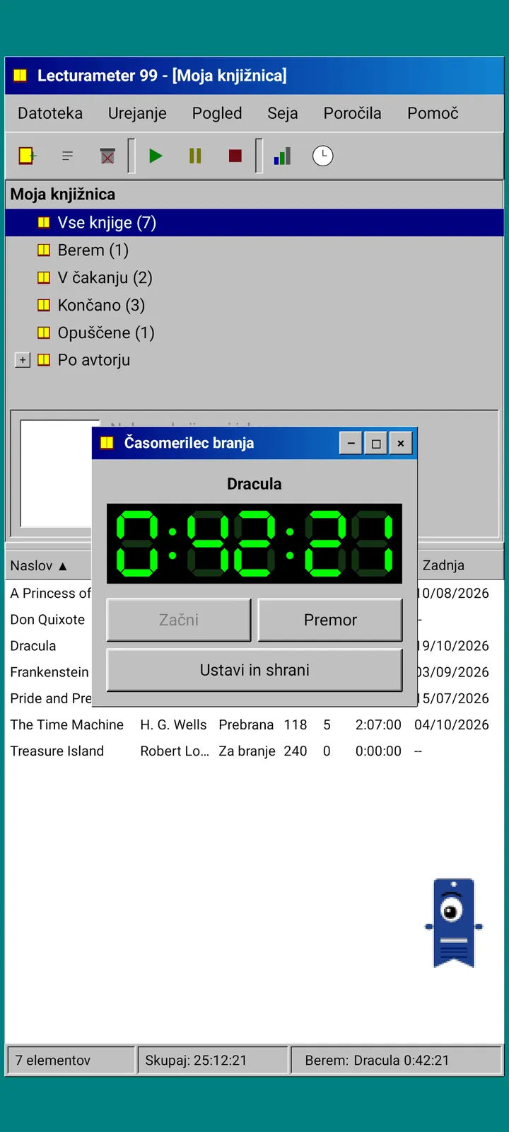Lecturameter 1999: plavajoče okno časovnika z LCD zaslonom