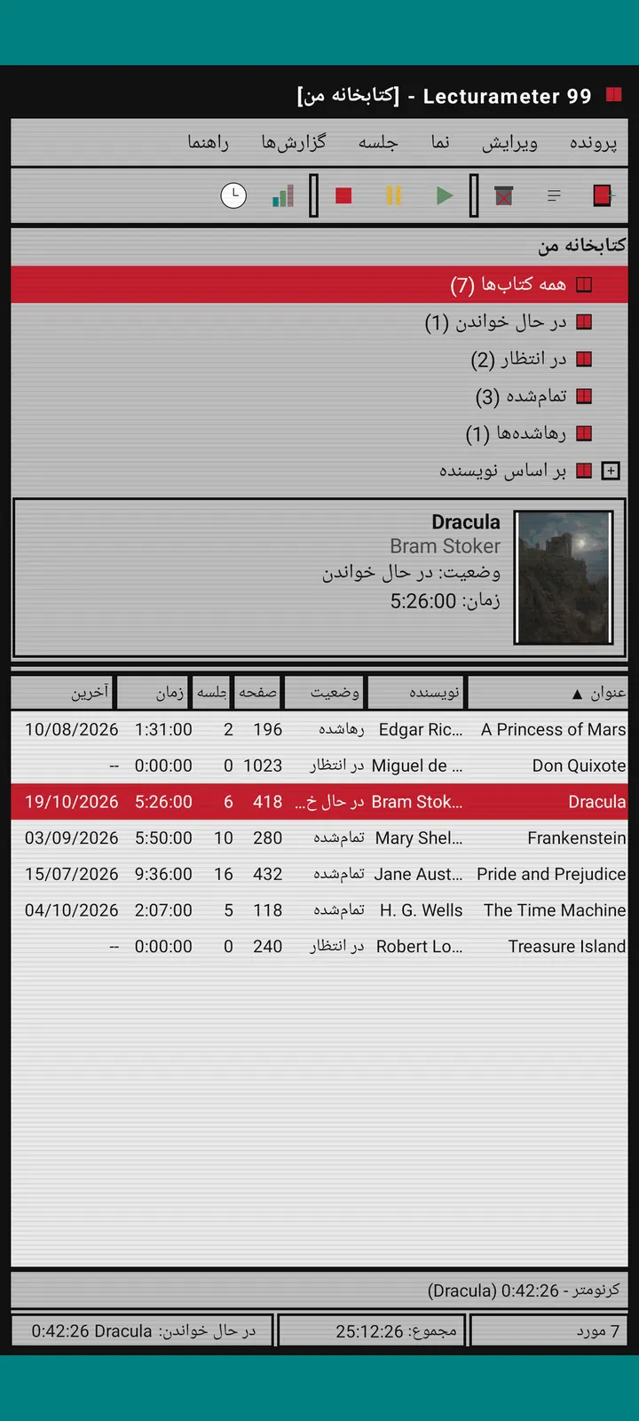 Lecturameter 1999 با پوسته 8-bit: پنجره اصلی با کتابخانه و جدول کتاب‌ها