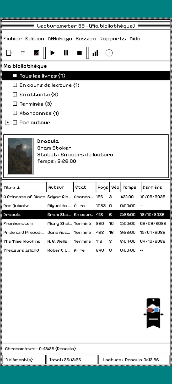 Lecturameter 1999 avec le thème 1984 : fenêtre principale avec la bibliothèque et le tableau des livres