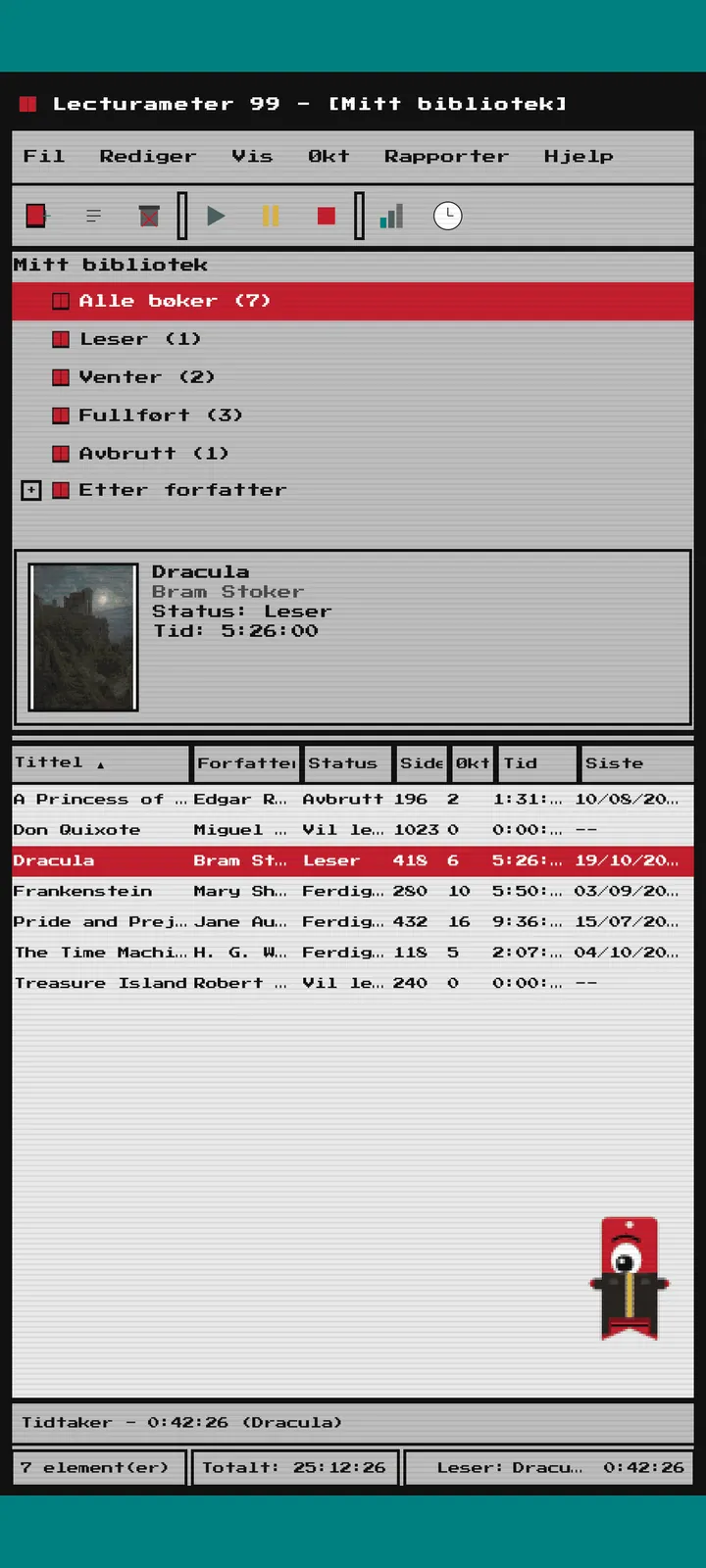 Lecturameter 1999 med temaet 8-bit: hovedvindu med biblioteket og boktabellen