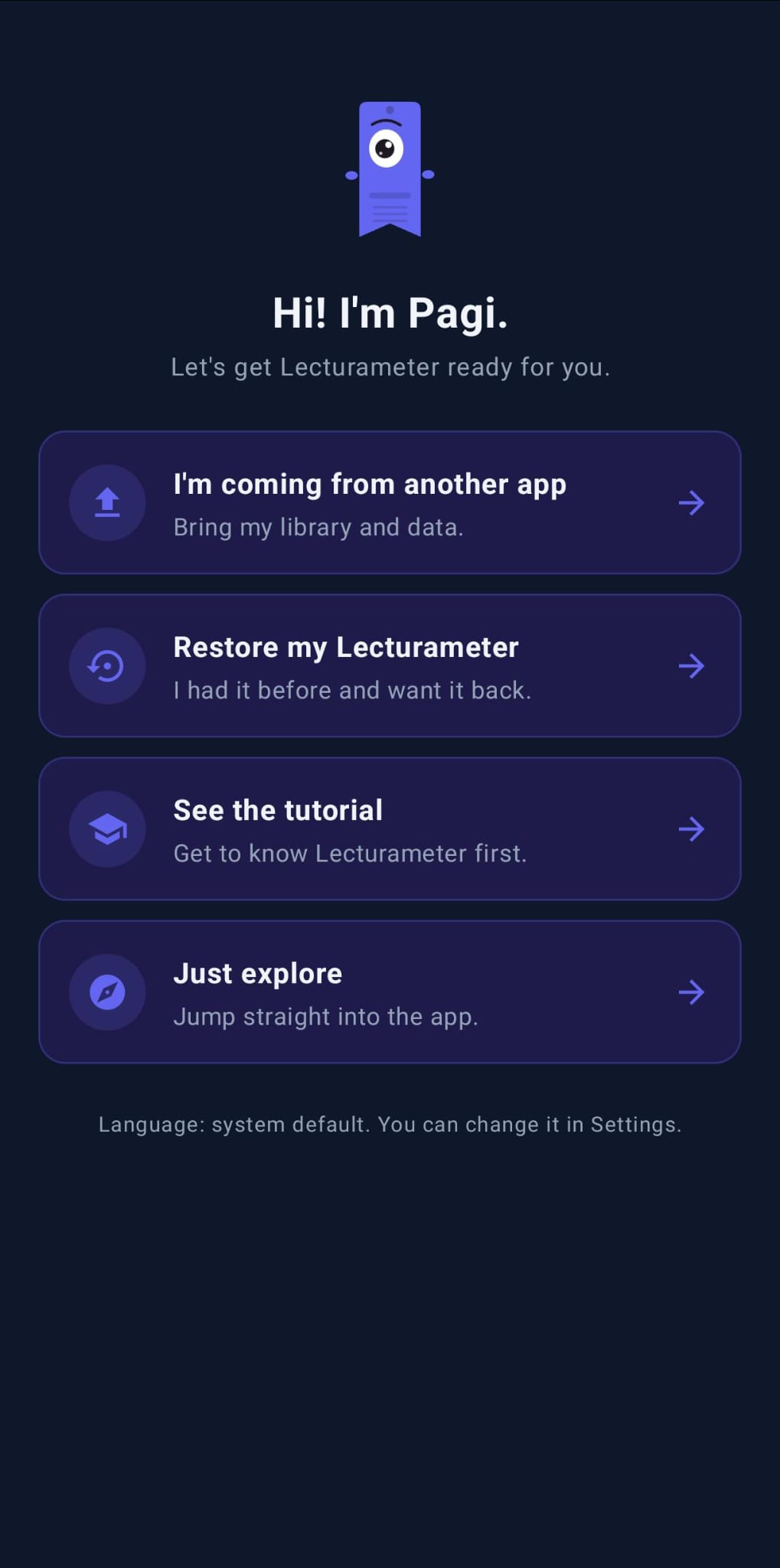 Lecturameter welcome screen with Pagi (dark theme)