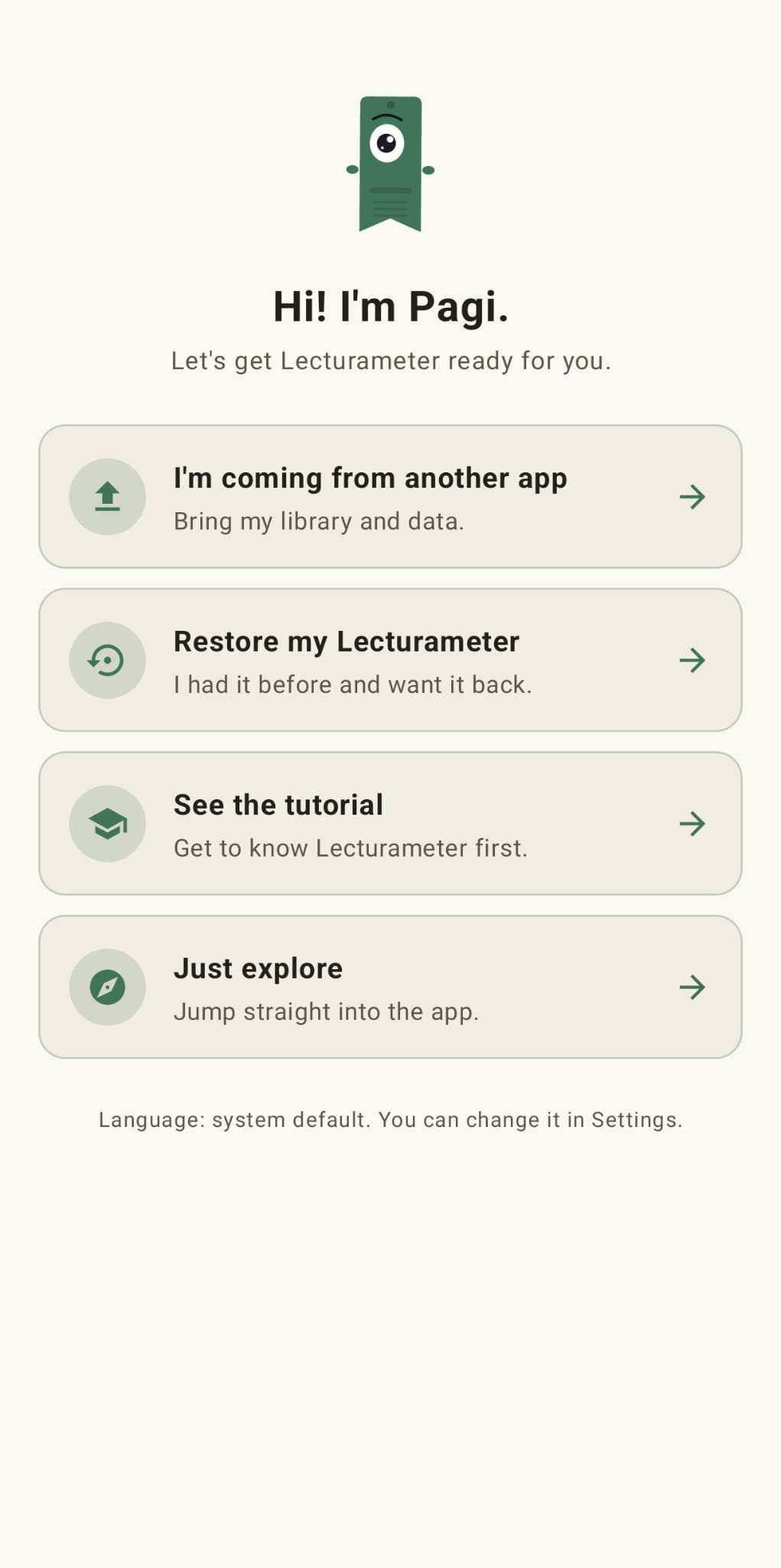 Lecturameter welcome screen with Pagi (light theme)
