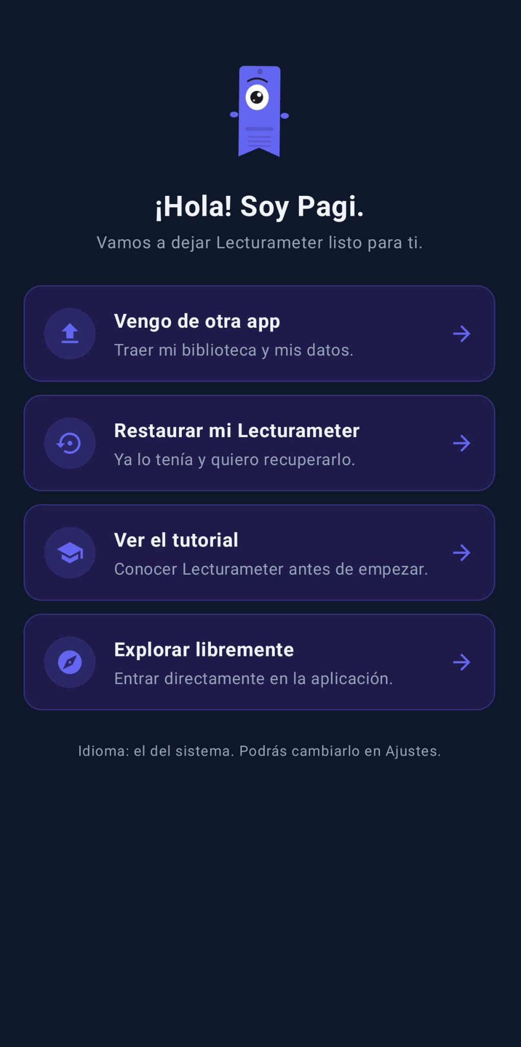Pantalla de bienvenida de Lecturameter con Pagi (tema oscuro)