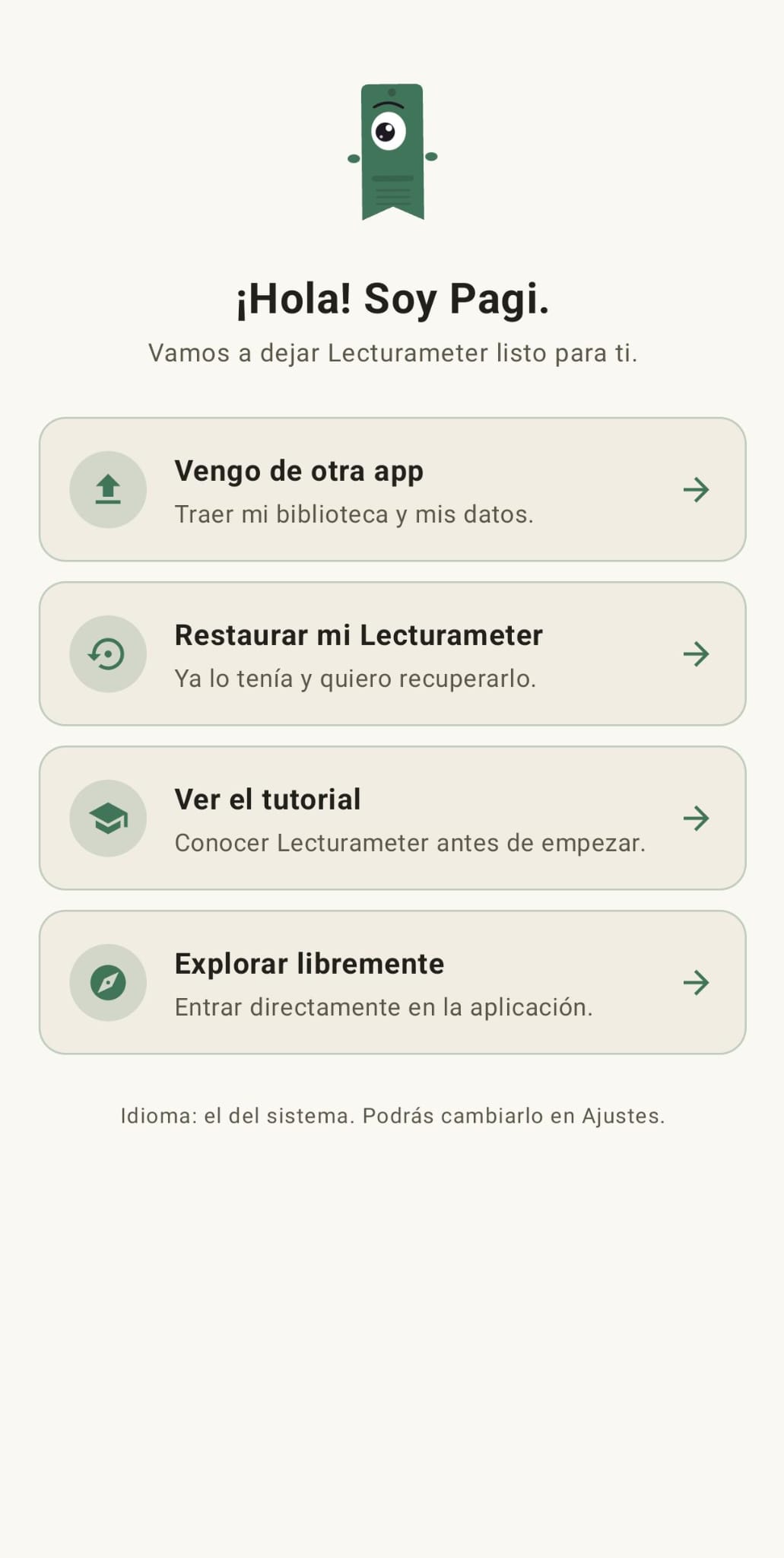 Pantalla de bienvenida de Lecturameter con Pagi (tema claro)