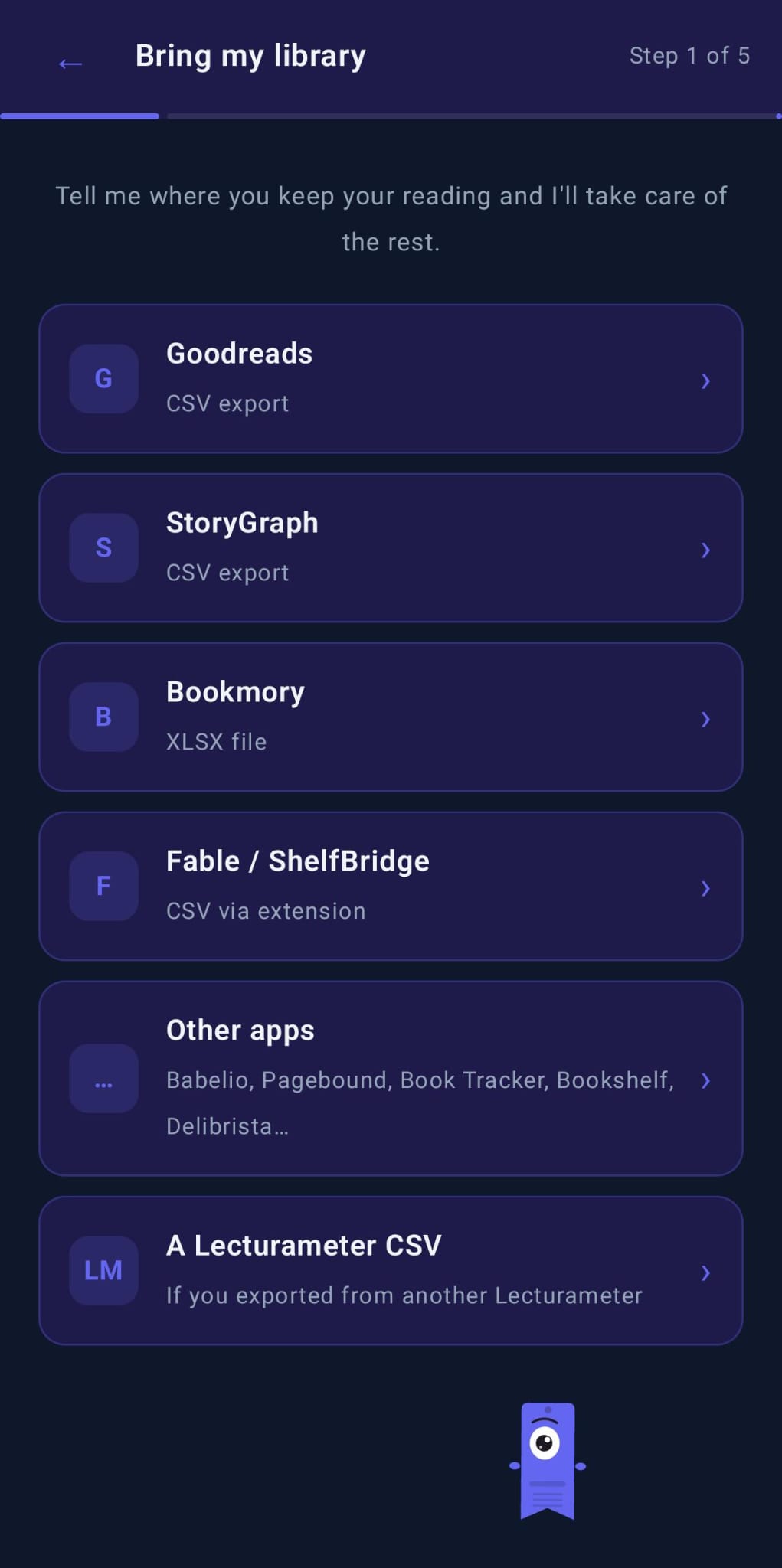 Bring my library wizard, step 1 of 5